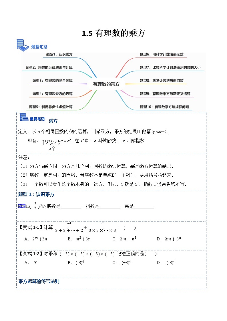 1.5有理数的乘方(讲+练)-【重点笔记】2022-2023学年七年级数学上册重要考点精讲精练(人教版)（原卷版）第1页