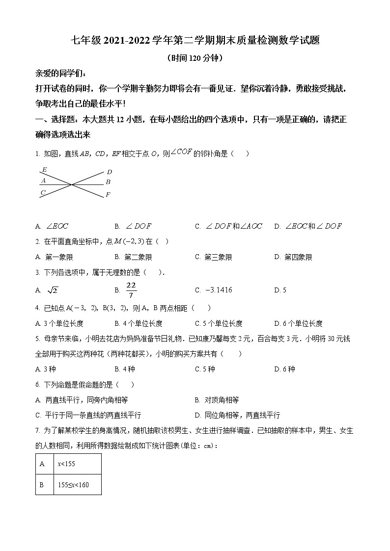 山东省德州市乐陵市2021-2022学年七年级下学期期末数学试题(word版含答案)第1页
