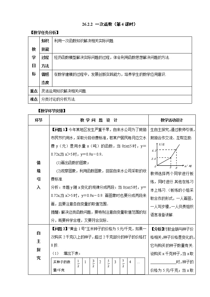 人教版五四制八下数学第二十六章 一次函数第2节《一次函数（4）》参考教案第1页