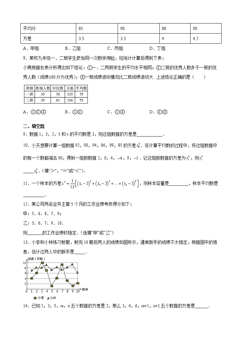 9年级数学苏科版上册随堂测试第3单元《3.4方差》02