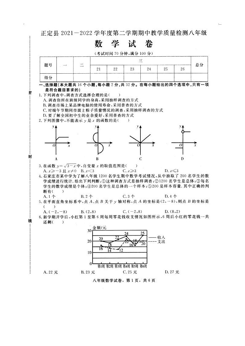河北省石家庄市正定县2021-2022学年八年级下学期期中考试数学试题(含答案)第1页