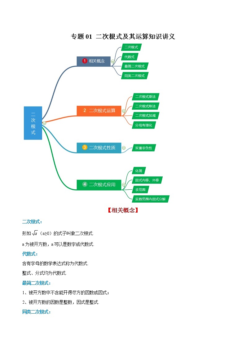 专题01 二次根式及其运算知识讲义 八年级下册数学辅导讲义（人教版）01
