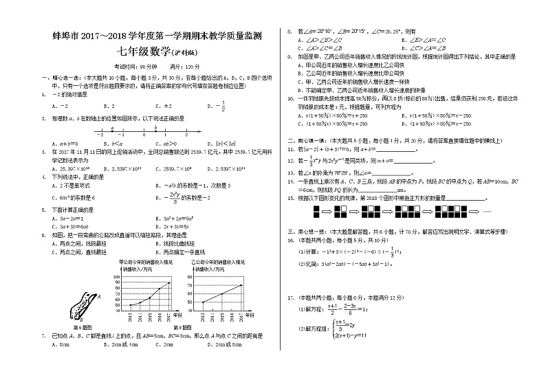 初中数字七上2017-2018学年安徽省蚌埠市学期期末教学质量监测数学试题（有答案）第1页