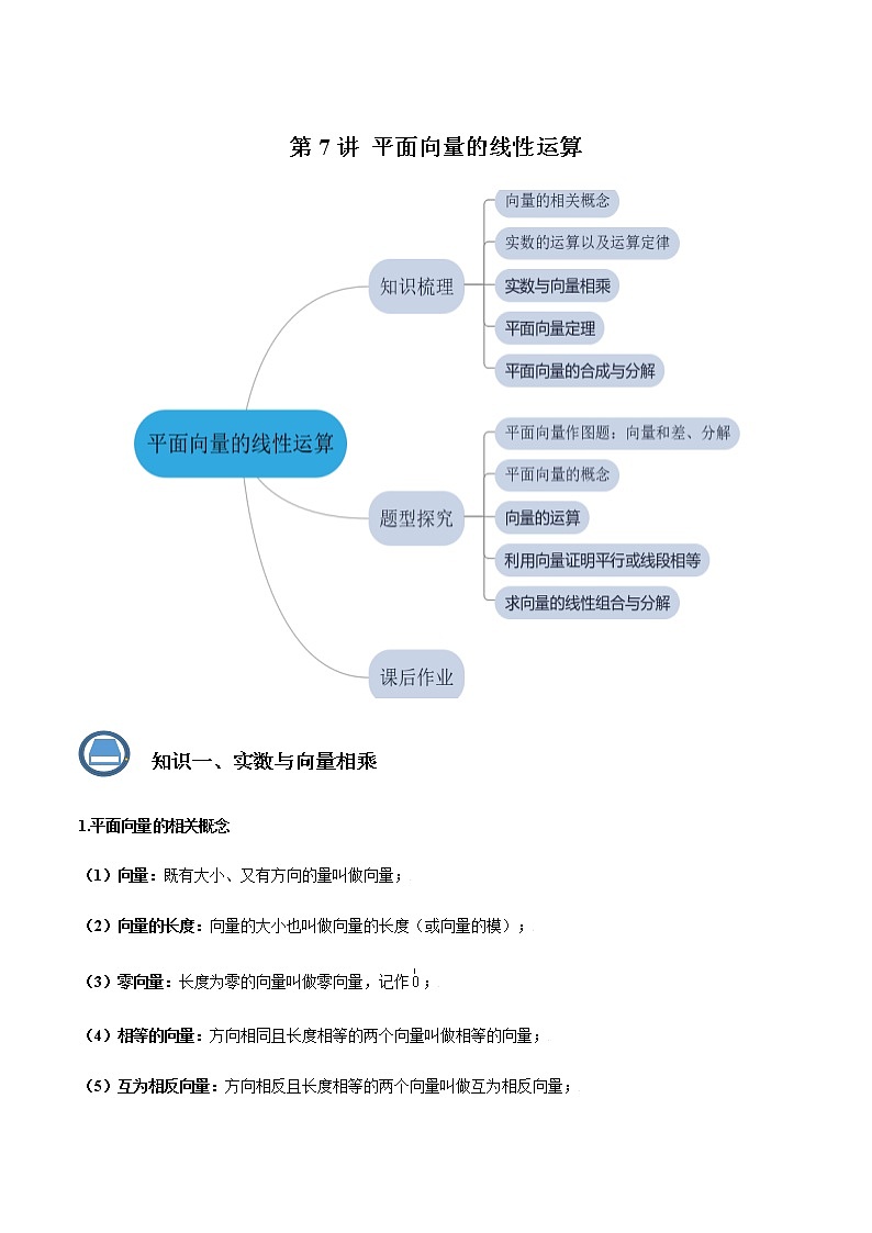 第7讲平面向量的线性运算（原卷版）- 2022-2023学年九年级数学上册 精讲精练（沪教版）第1页