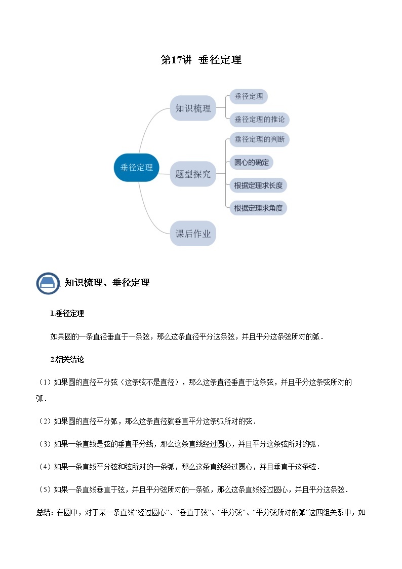 第17讲垂径定理- 2022-2023学年九年级数学下册 精讲精练（沪教版）01