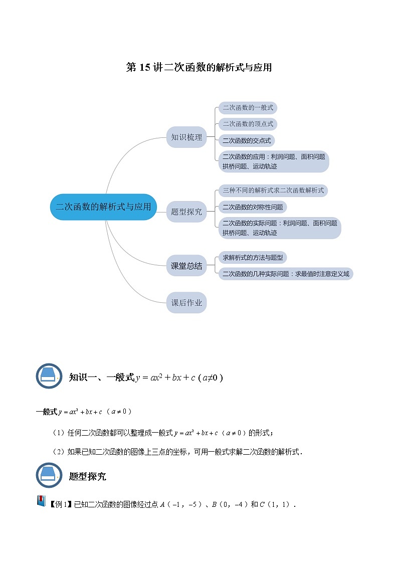 第15讲 二次函数的解析式与应用(原卷版）- 2022-2023学年九年级数学上册 精讲精练（沪教版）第1页