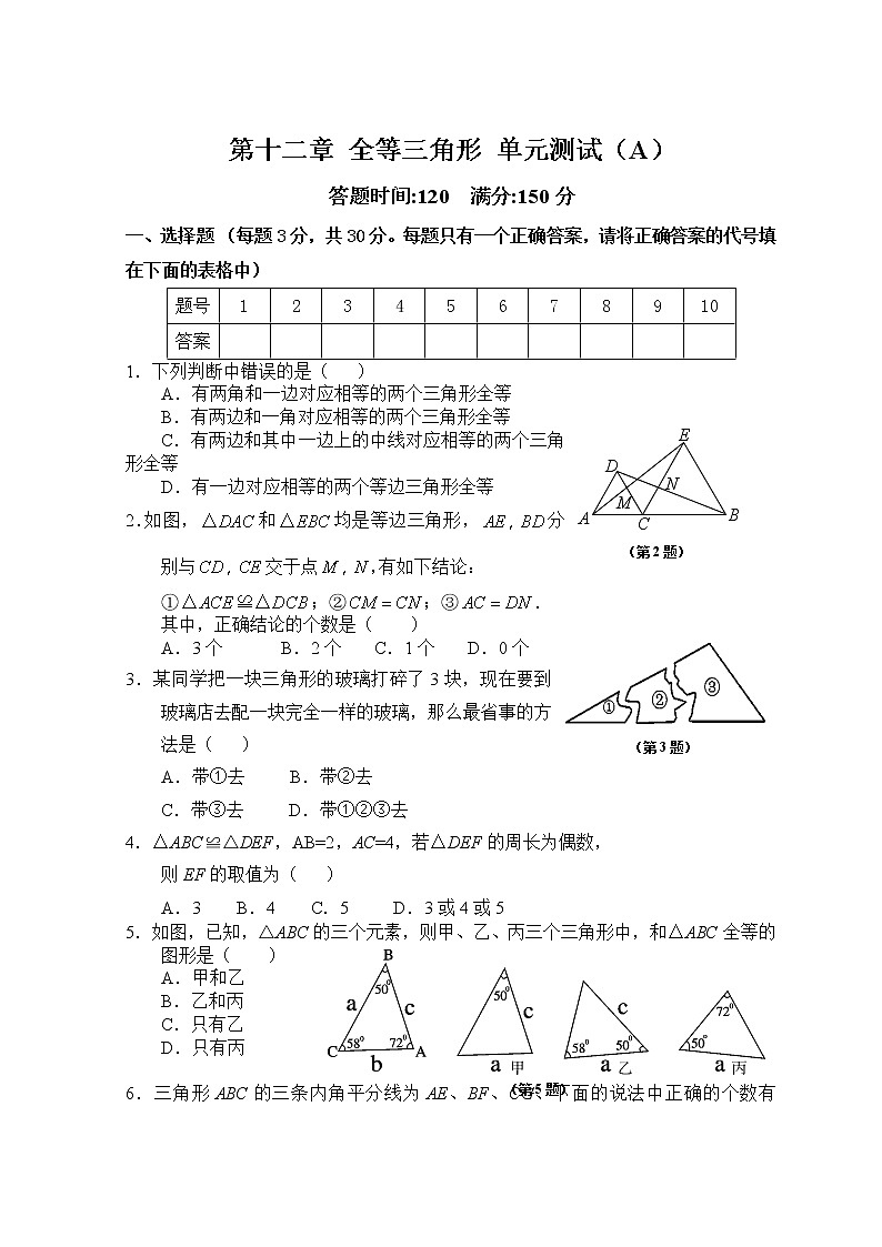 初中数学8上第12章 全等三角形_单元测试试卷A含答案第1页