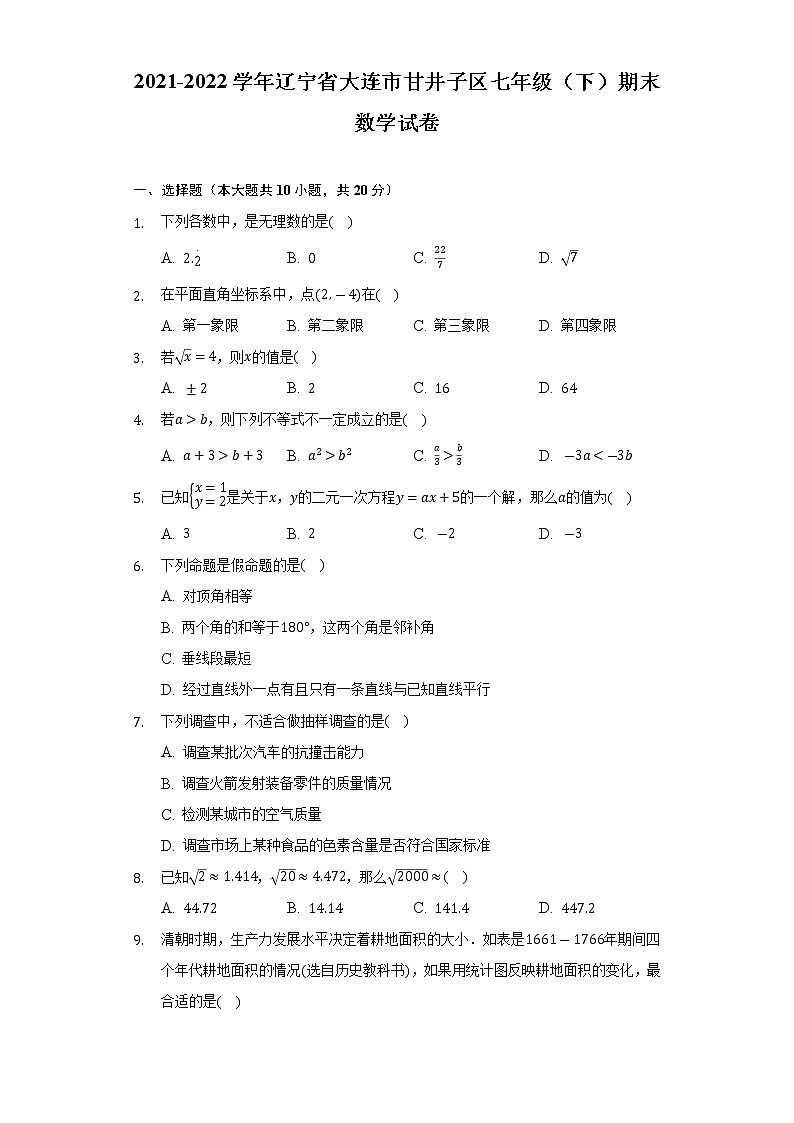 辽宁省大连市甘井子区2021-2022学年七年级下学期期末质量抽测数学试卷(含答案)第1页