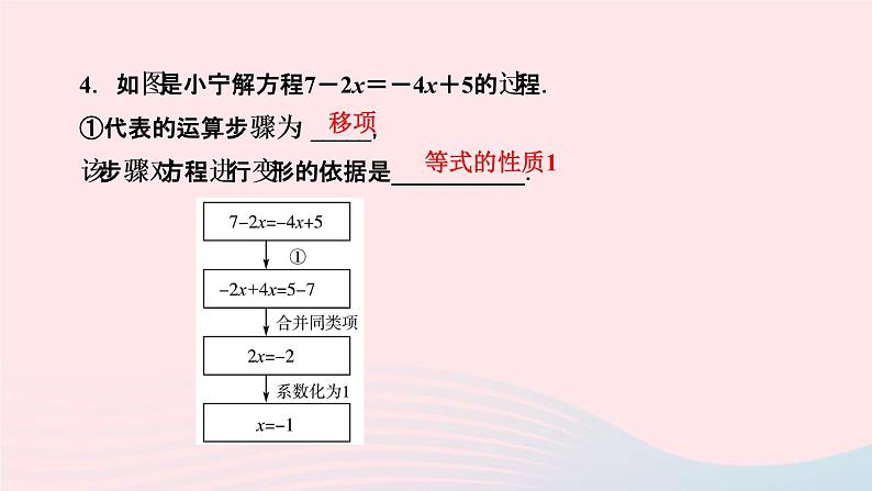 数学人教版七年级上册同步教学课件第3章一元一次方程3.2解一元一次方程一合并同类项与移项第2课时利用移项解一元一次方程作业05