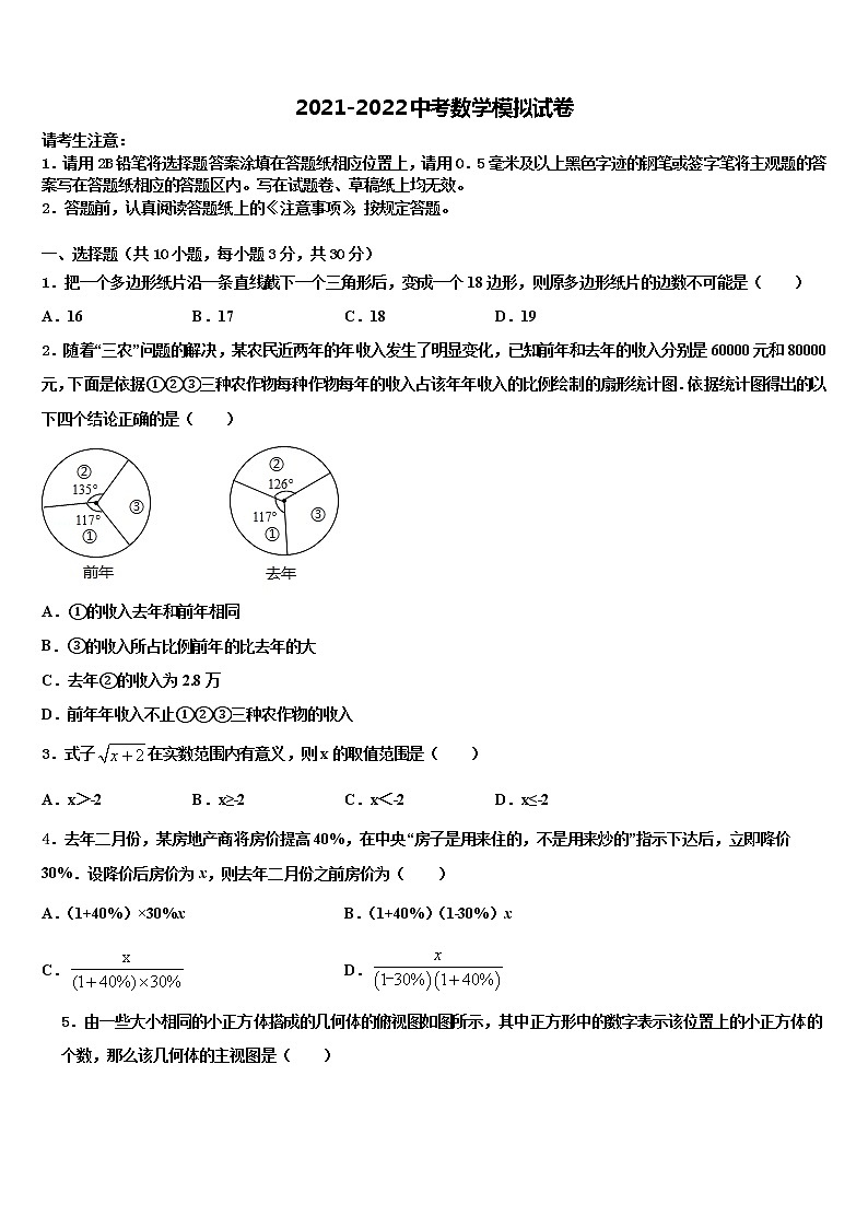 东王营中学2022年中考数学模拟精编试卷含解析第1页