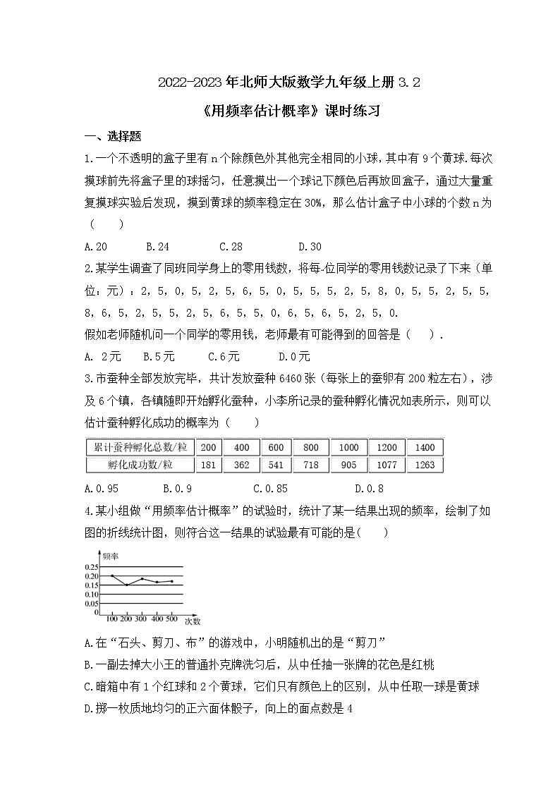 2022-2023年北师大版数学九年级上册3.2《用频率估计概率》课时练习（含答案）01