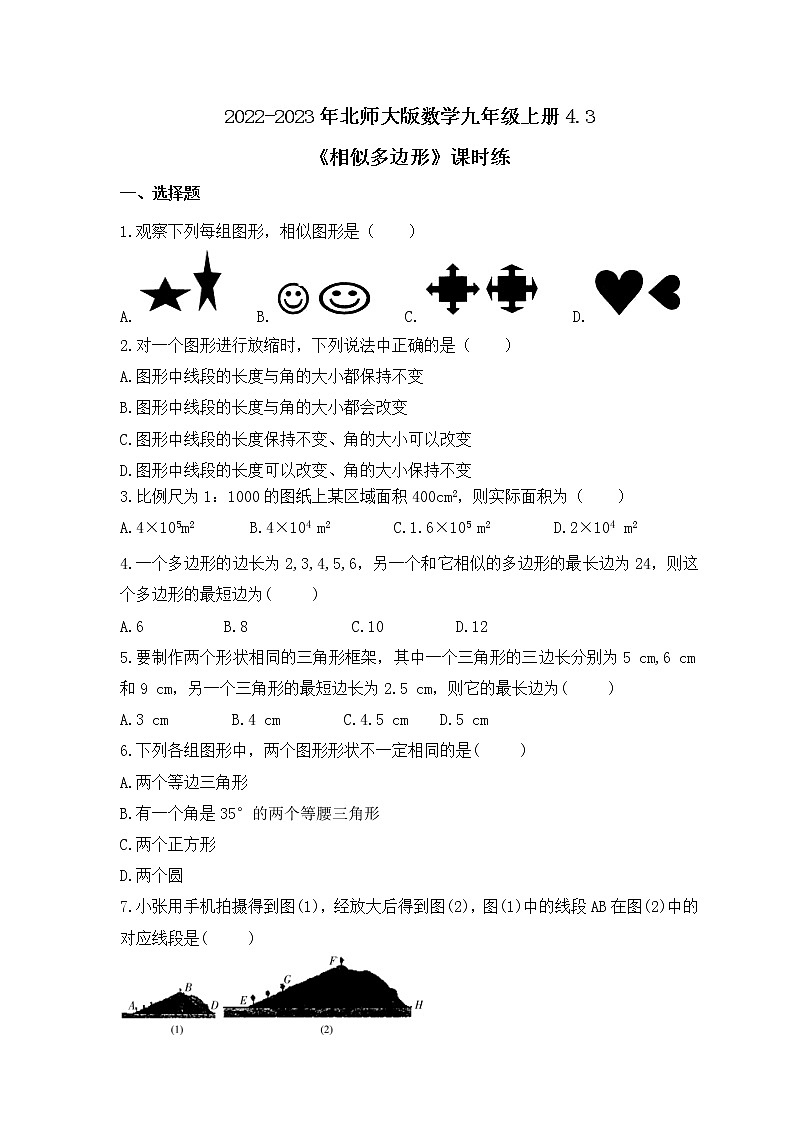 2022-2023年北师大版数学九年级上册4.3《相似多边形》课时练习（含答案）01