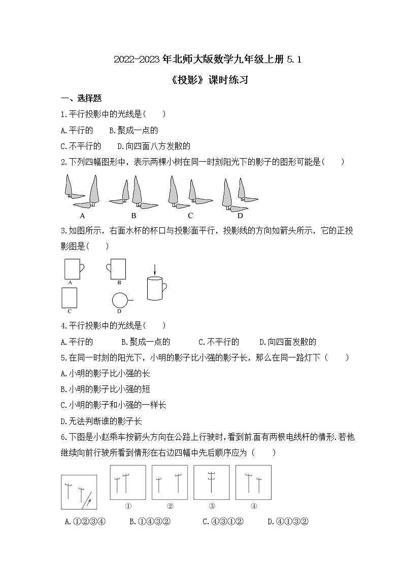 2022-2023年北师大版数学九年级上册5.1《投影》课时练习（含答案）01