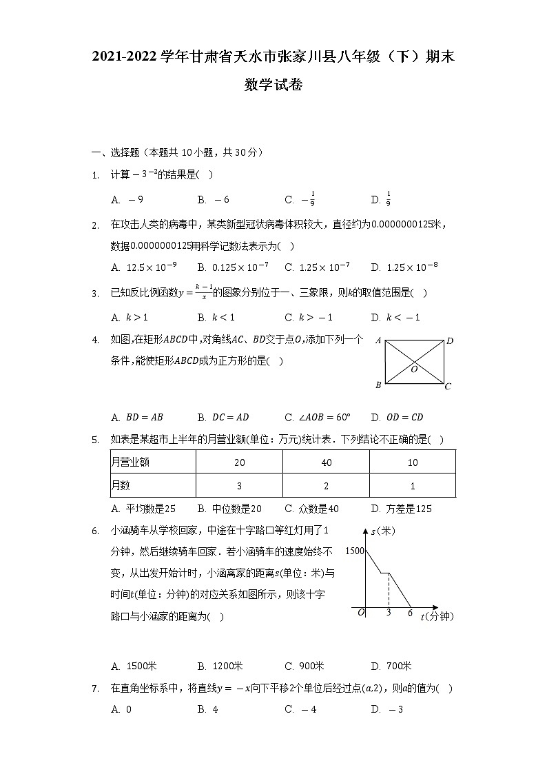 2021-2022学年甘肃省天水市张家川县八年级（下）期末数学试卷（含解析）01