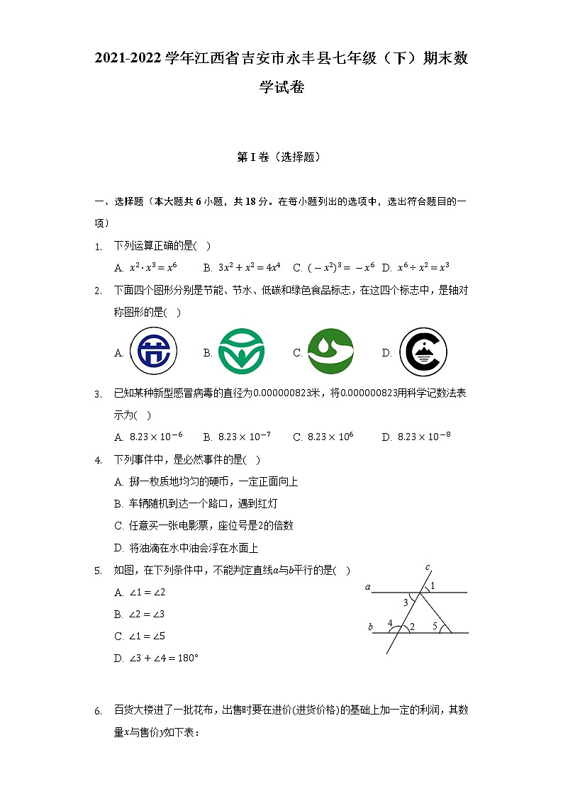 2021-2022学年江西省吉安市永丰县七年级（下）期末数学试卷（含解析）第1页