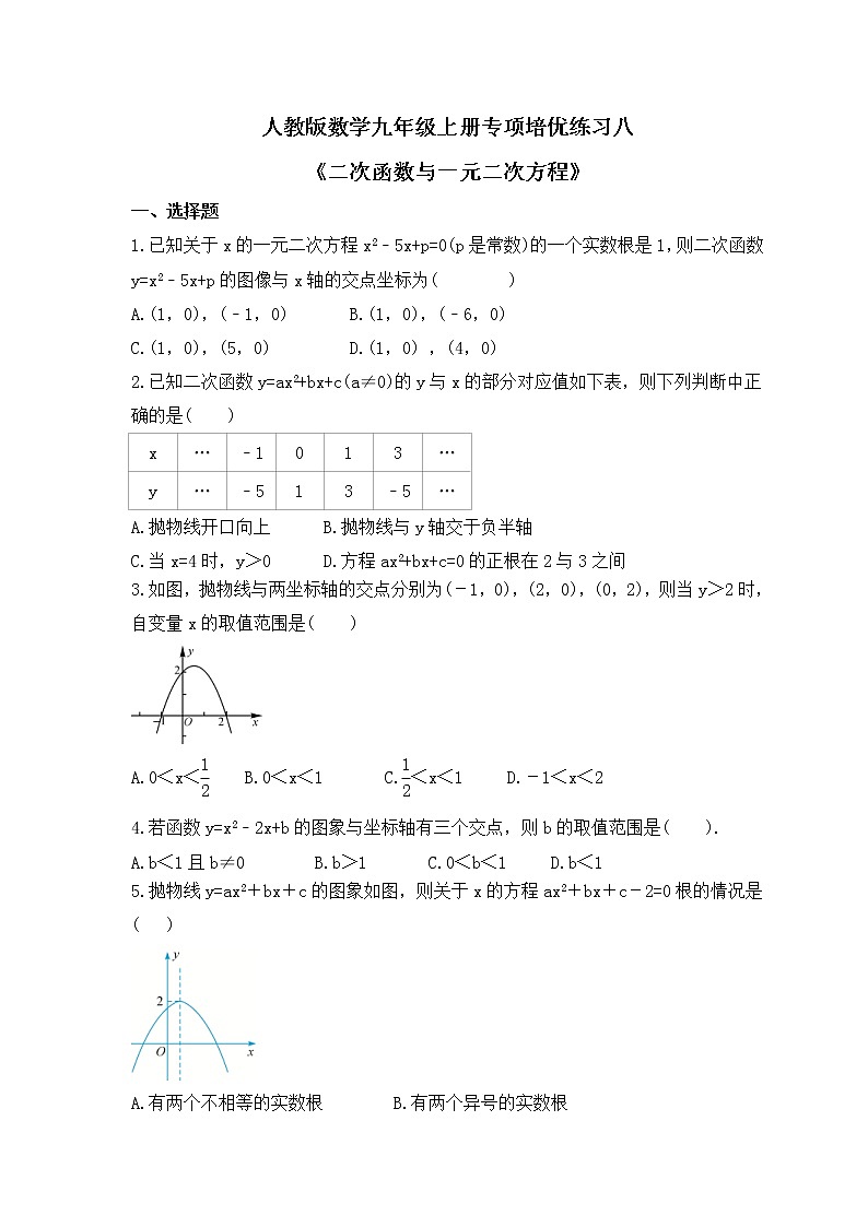 人教版数学九年级上册专项培优练习八《二次函数与一元二次方程》（含答案）01
