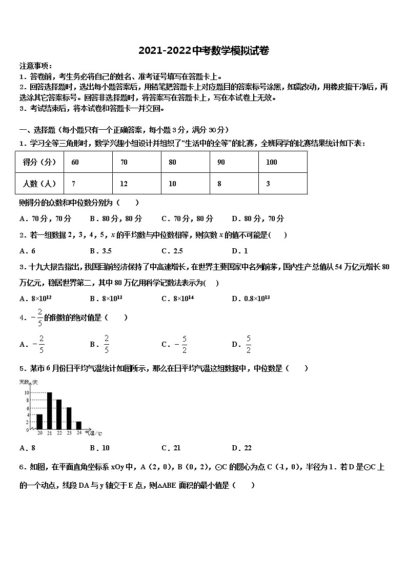 广东省四会市达标名校2021-2022学年中考数学仿真试卷含解析01