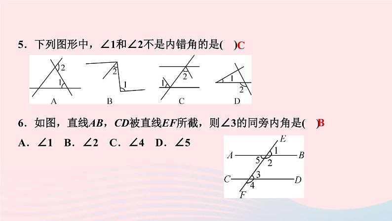 数学人教版七年级下册同步教学课件第5章相交线与平行线5.1相交线5.1.3同位角内错角同旁内角作业版第5页