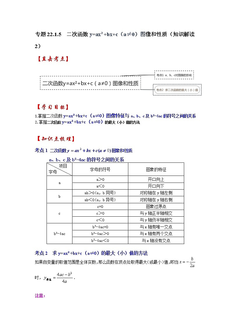 专题22.1.5  二次函数y=ax²+bx+c（a≠0）图像和性质（知识解读2）-2022-2023学年九年级数学上册《 考点解读•专题训练》（人教版）01
