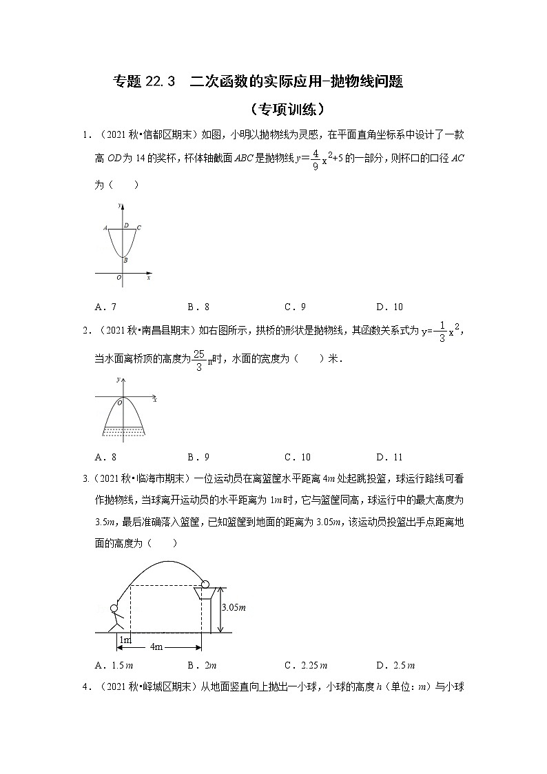 专题22.3  二次函数的实际应用-抛物线问题（专题训练）-2022-2023学年九年级数学上册《 考点解读•专题训练》（人教版）第1页