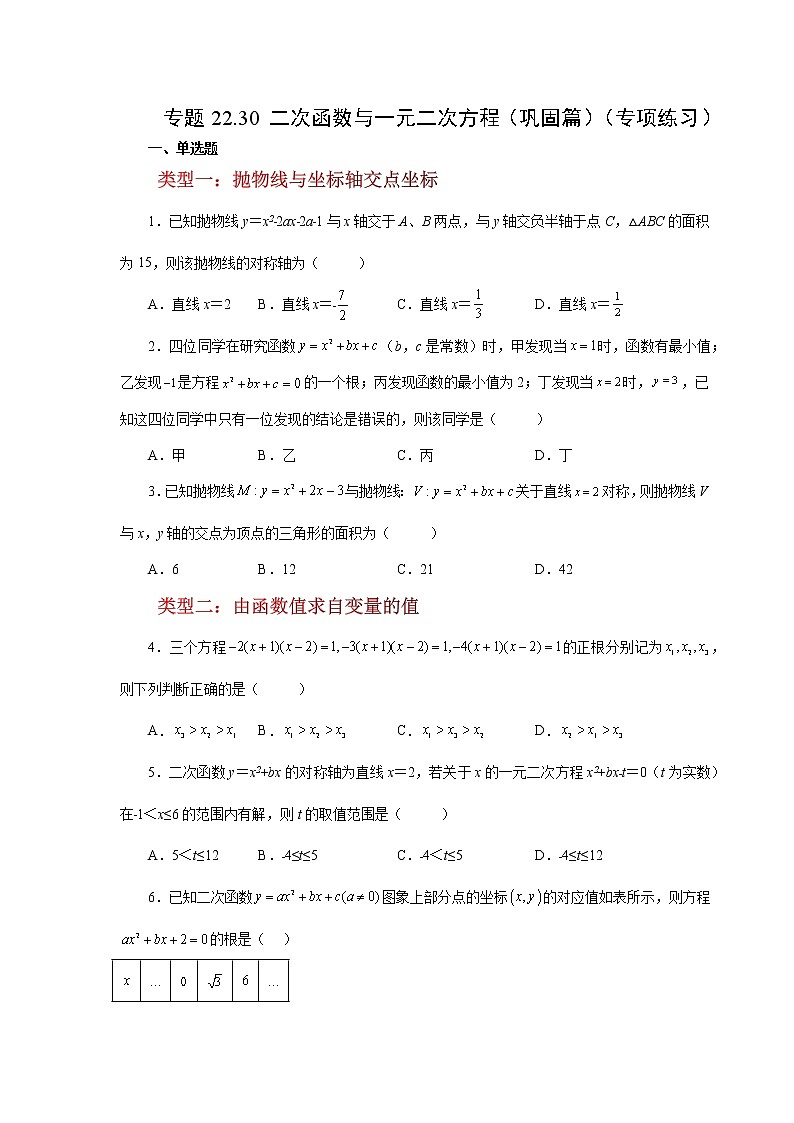 专题22.30 二次函数与一元二次方程（巩固篇）（专项练习）-2022-2023学年九年级数学上册基础知识专项讲练（人教版）01