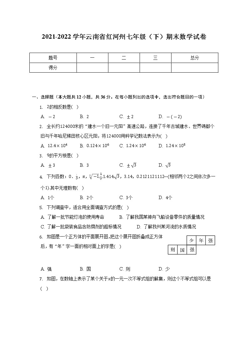 2021-2022学年云南省红河州七年级（下）期末数学试卷（含解析）第1页