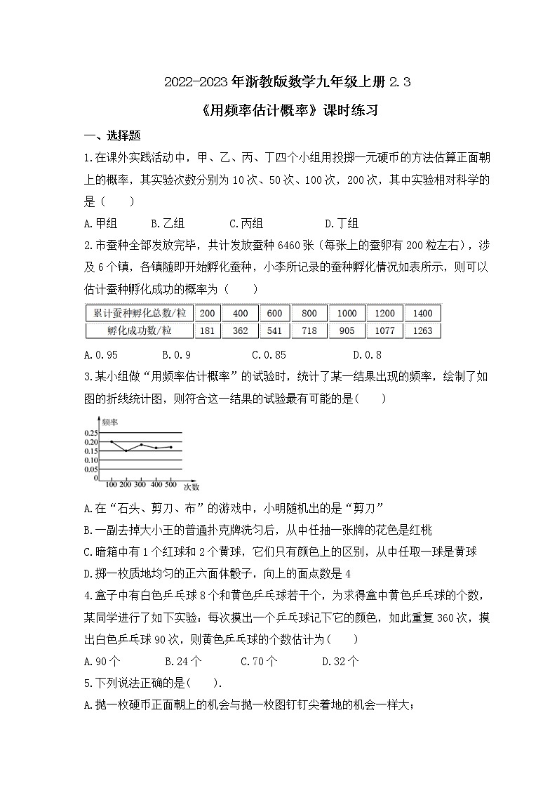 2022-2023年浙教版数学九年级上册2.3《用频率估计概率》课时练习（含答案）01