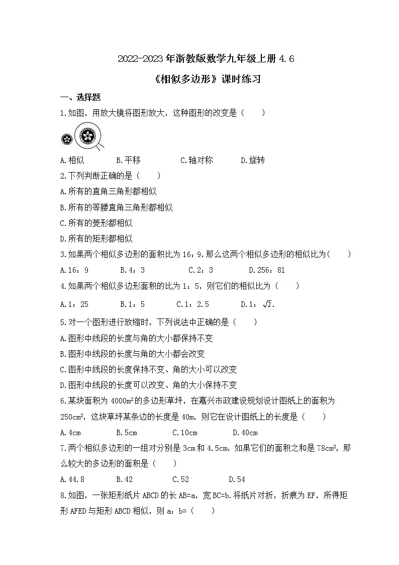 2022-2023年浙教版数学九年级上册4.6《相似多边形》课时练习（含答案）01