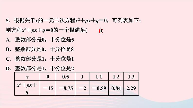 数学北师大版九年级上册同步教学课件第2章一元二次方程1认识一元二次方程第2课时一元二次方程的估算作业06