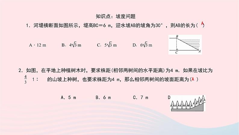 数学北师大版九年级下册 同步教学课件第1章直角三角形的边角关系5三角函数的应用第3课时坡度问题作业第5页