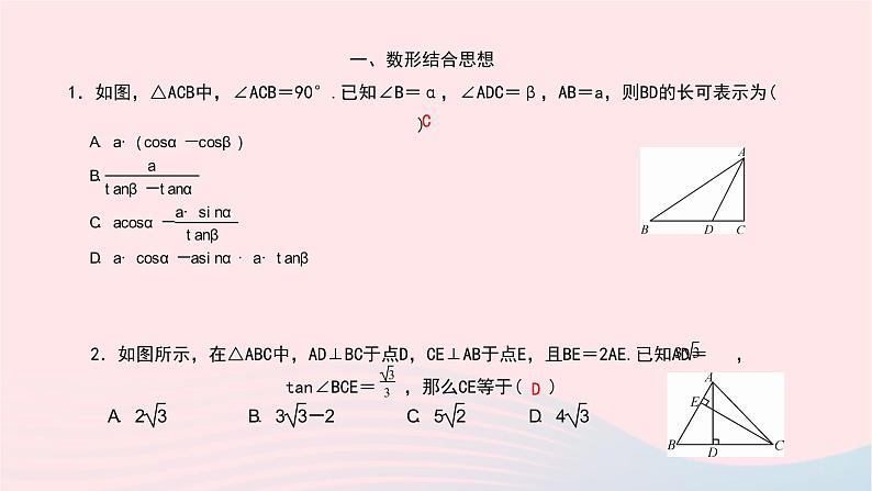 数学北师大版九年级下册 同步教学课件第1章直角三角形的边角关系专题(二)解直角三角形中的数学思想作业第2页