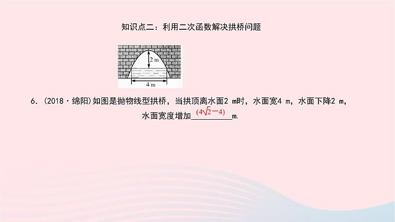 数学北师大版九年级下册 同步教学课件第2章二次函数4二次函数的应用第1课时利用二次函数解决拱桥问题面积问题作业08