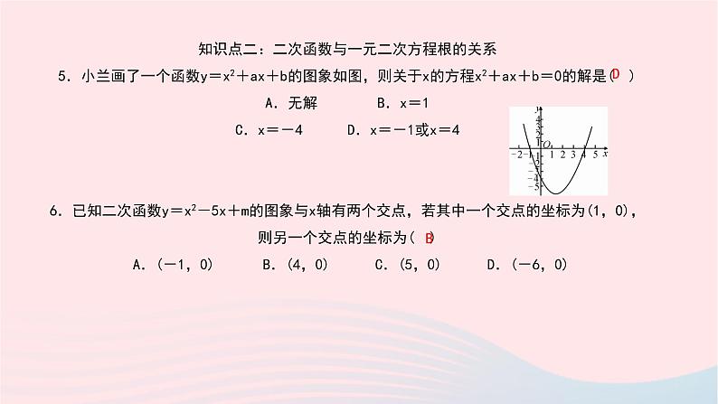 数学北师大版九年级下册 同步教学课件第2章二次函数5二次函数与一元二次方程第1课时二次函数与一元二次方程根的关系作业07