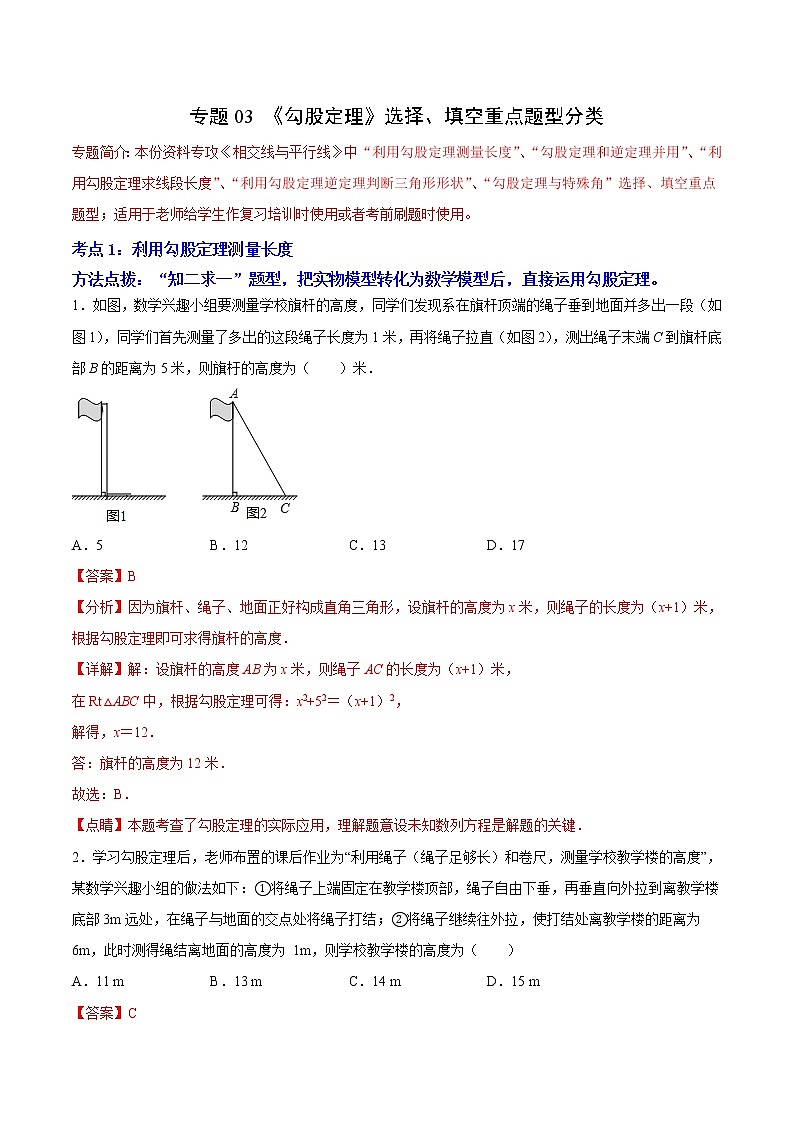 专题03 《勾股定理》选择、填空重点题型分类（解析版）第1页