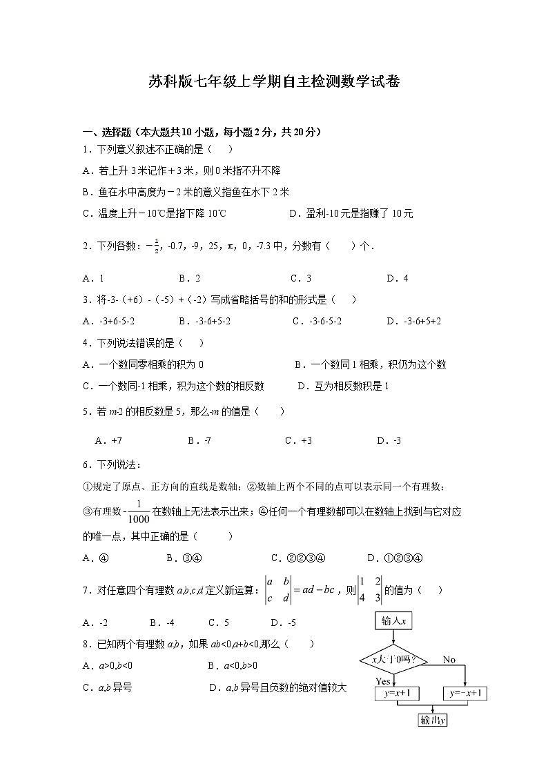苏科版七年级上学期自主检测数学试卷第1页