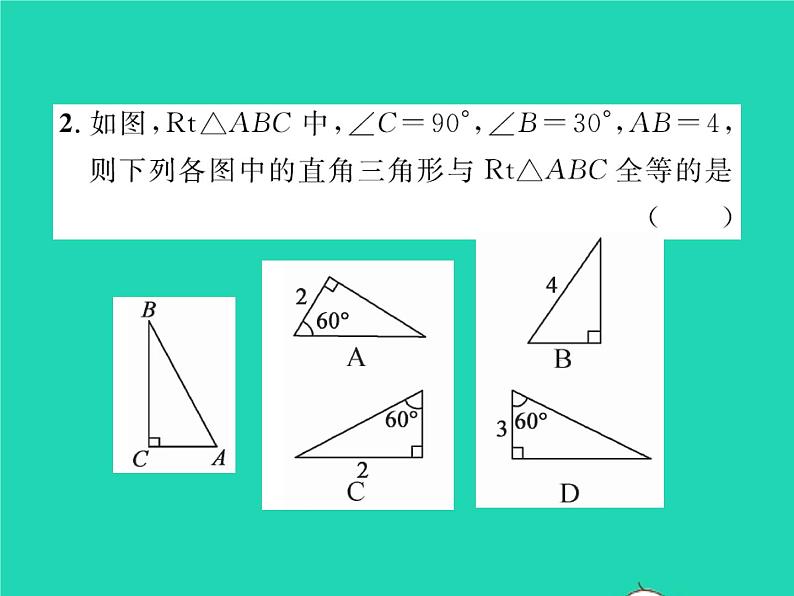 2022八年级数学下册第一章三角形的证明1.2直角三角形第2课时直角三角形全等的判定习题课件新版北师大版03