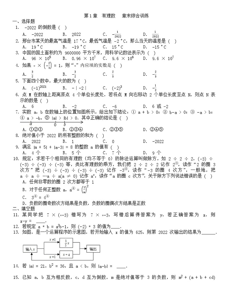 2021-2022学年七年级上学期数学人教版第1章有理数单元测试（无答案）第1页