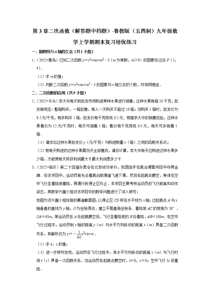 第3章二次函数（解答题中档题）-鲁教版（五四制）九年级数学上学期期末复习培优练习第1页