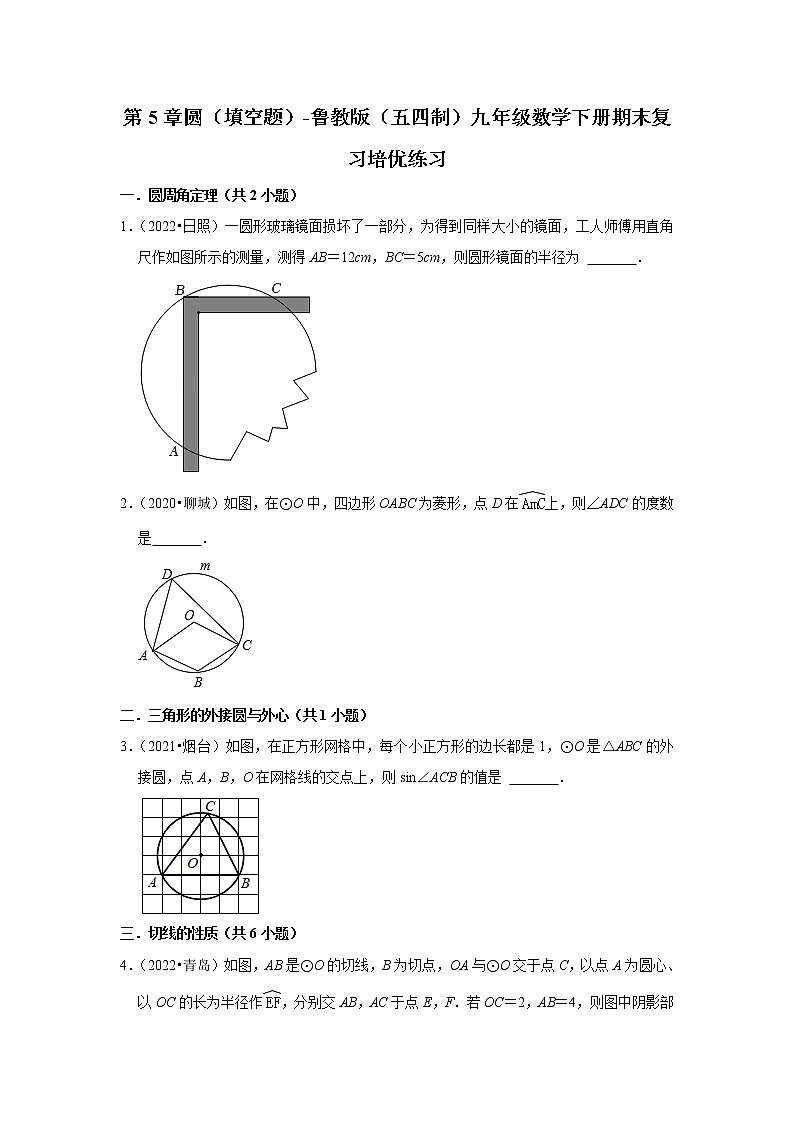 第5章圆（填空题）-鲁教版（五四制）九年级数学下册期末复习培优练习第1页