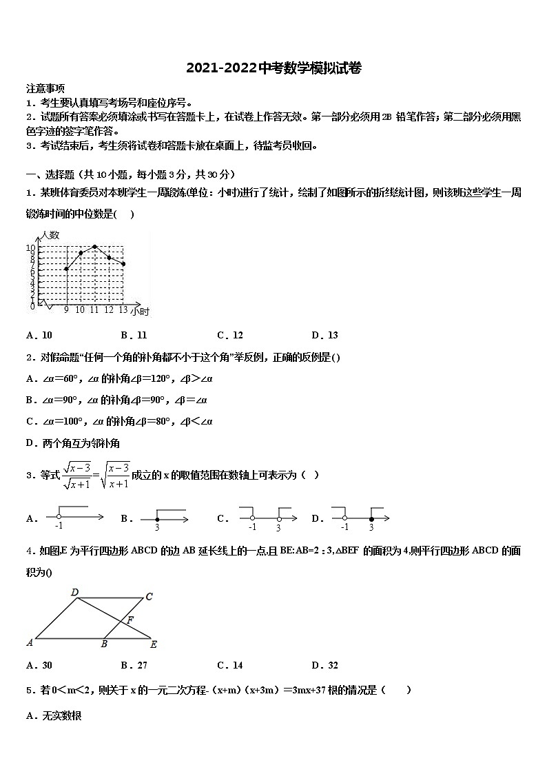 湖南省武冈市市级名校2021-2022学年中考数学最后一模试卷含解析01