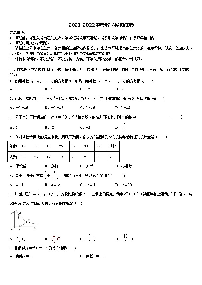 湖南省张家界五道水镇中学2022年中考联考数学试题含解析01