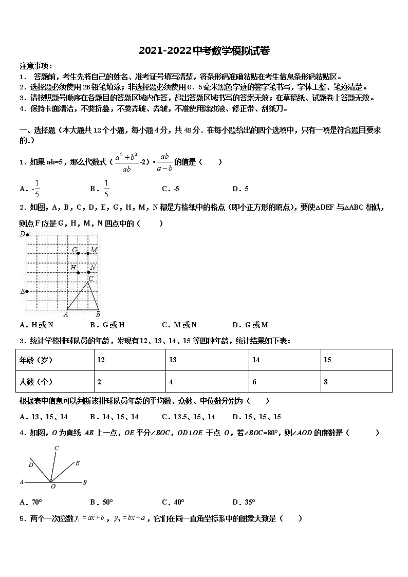 湖北阳新一中重点达标名校2021-2022学年中考五模数学试题含解析第1页