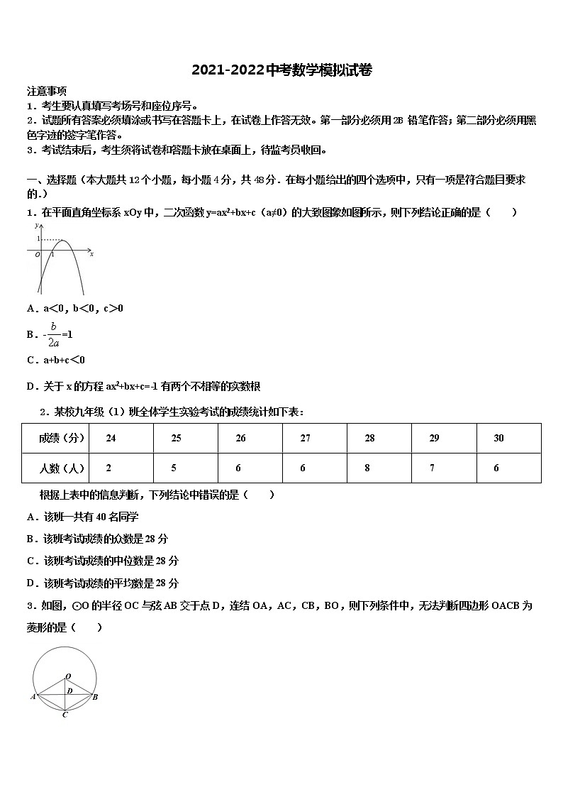贵州省六盘水市达标名校2021-2022学年中考数学模拟试题含解析第1页