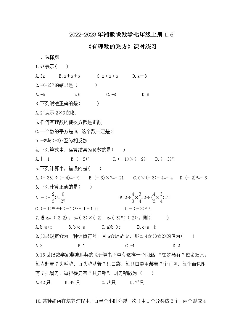 2022-2023年湘教版数学七年级上册1.6《有理数的乘方》课时练习（含答案）01