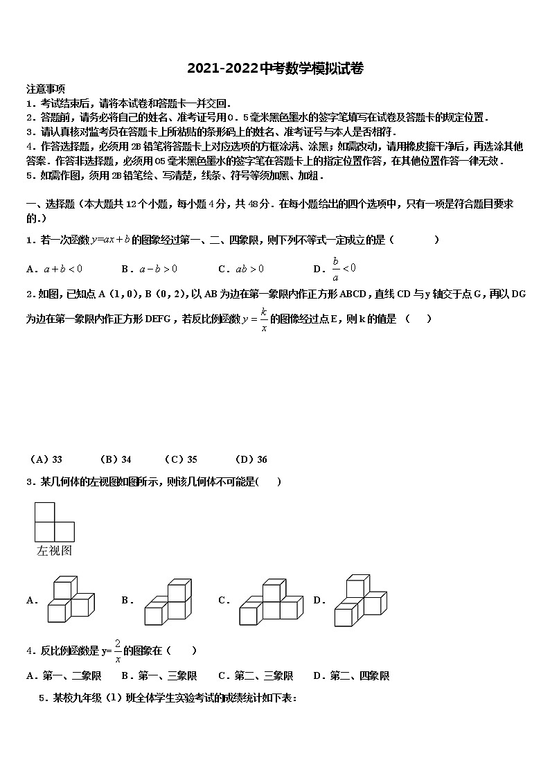 吉林省长春市双阳区重点达标名校2021-2022学年中考联考数学试卷含解析第1页