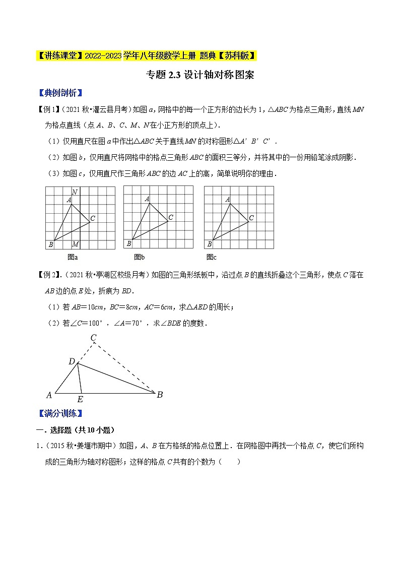 专题2.3设计轴对称图案-【讲练课堂】2022-2023学年八年级数学上册 题典（原卷版）【苏科版】第1页