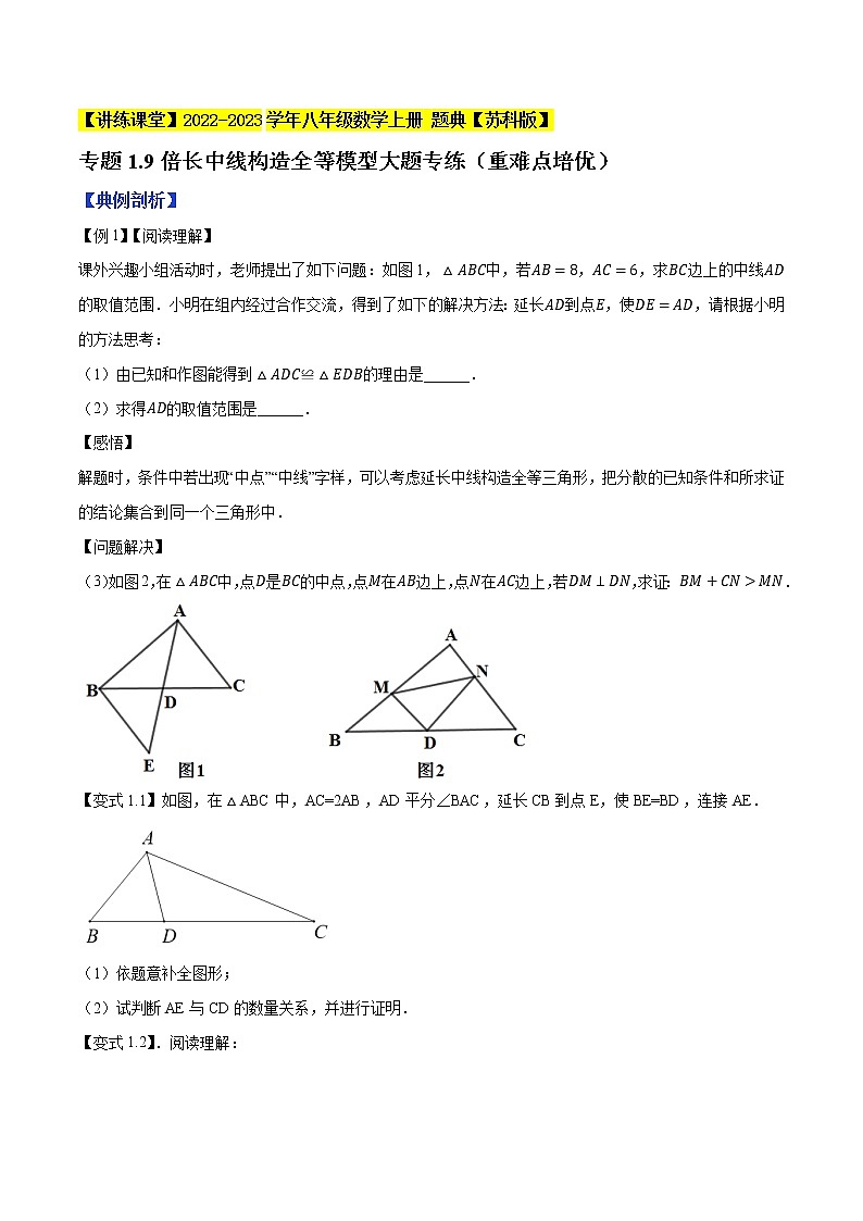专题1.9倍长中线构造全等模型大题专练（重难点培优）-【讲练课堂】2022-2023学年八年级数学上册 题典【苏科版】01
