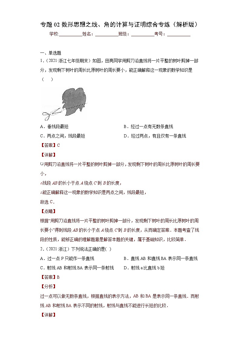 专题02数形思想之线、角的计算与证明综合专练（解析版）- 2022-2023学年七年级数学专题训练（浙教版）第1页