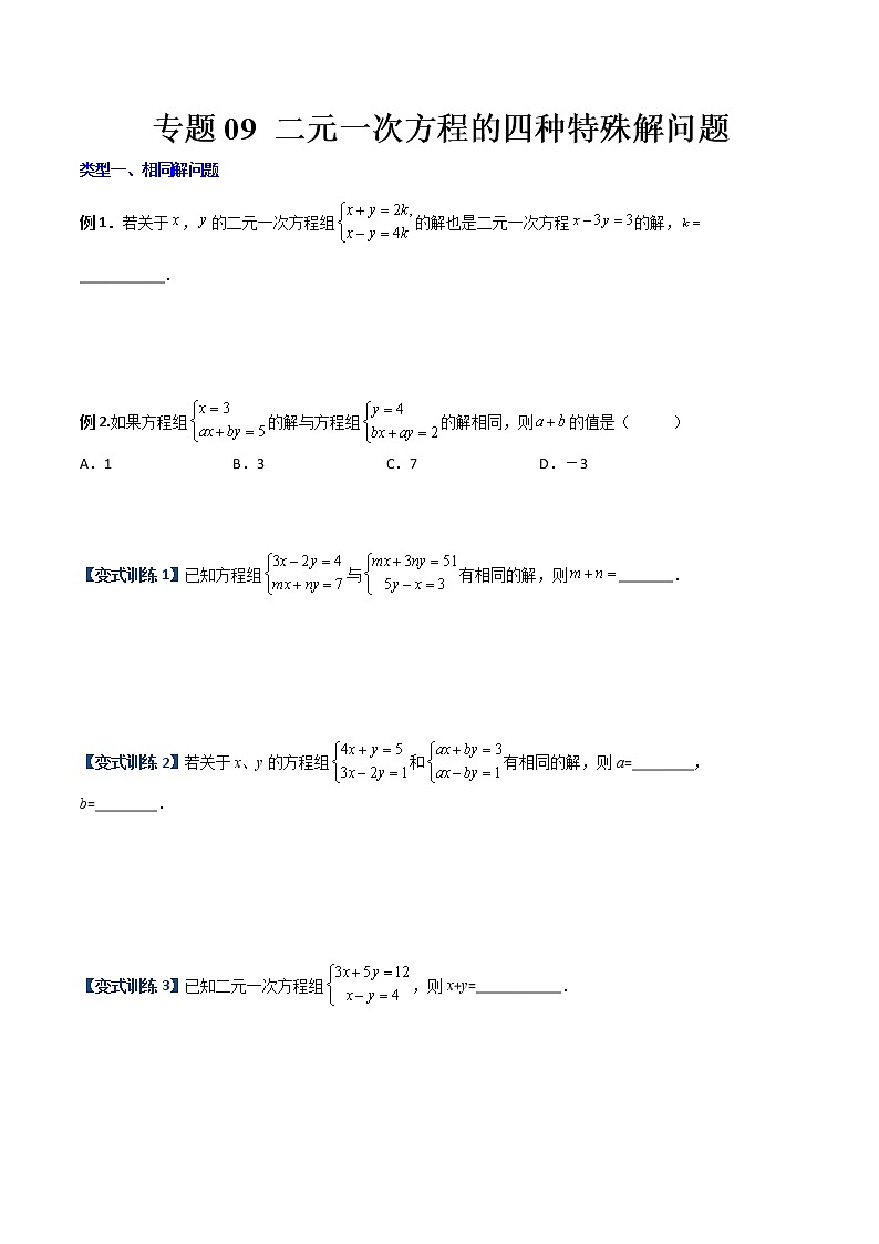 专题09  二元一次方程的四种特殊解问题（原卷版）-【B卷必考】2022-2023学年八年级数学上册压轴题攻略（北师大版，成都专用） 第1页