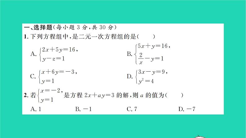 2022七年级数学下册周周卷一二元一次方程组及其解法习题课件新版湘教版第2页